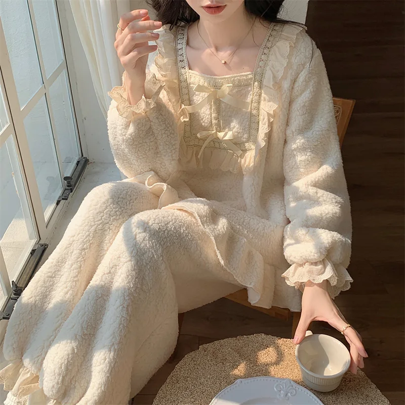 Soft Warm Winter Autumn Thicken Coral Velvet Sweet Simple Solid Pajamas Set Women Kawaii Elegant Casual Long Sleeve Fuzzy