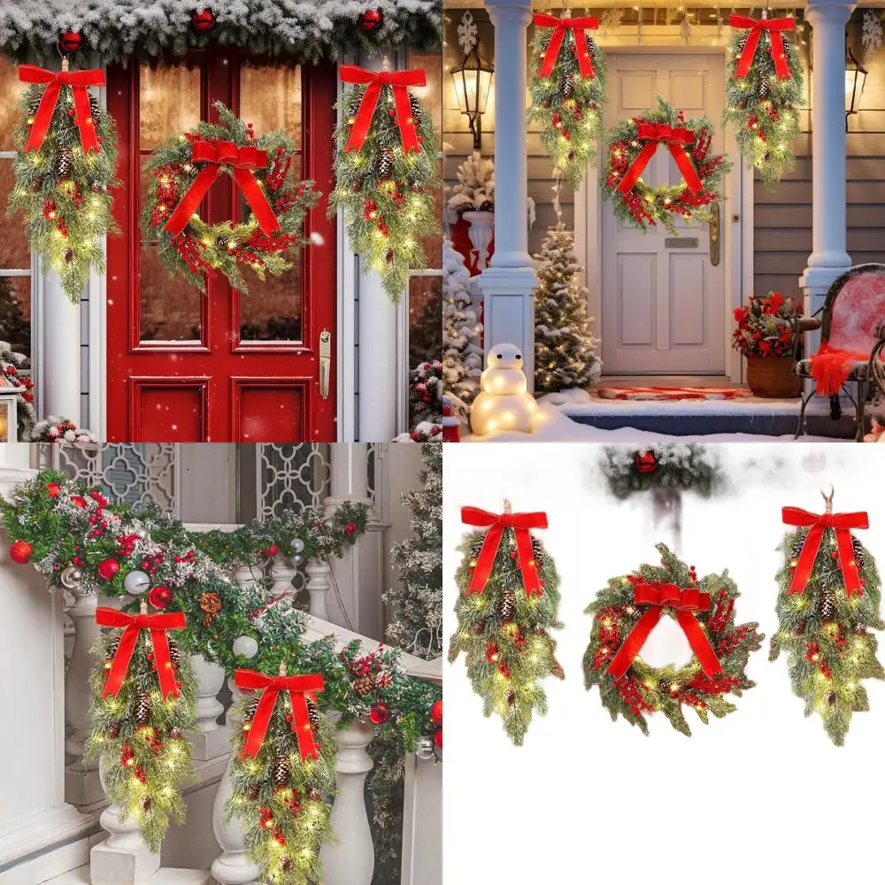 

Набор из 24-светового рождественского венок и венок из искусственной сосны и кипариса, украшенный бантами, сосновыми шишками и ягодами для праздника