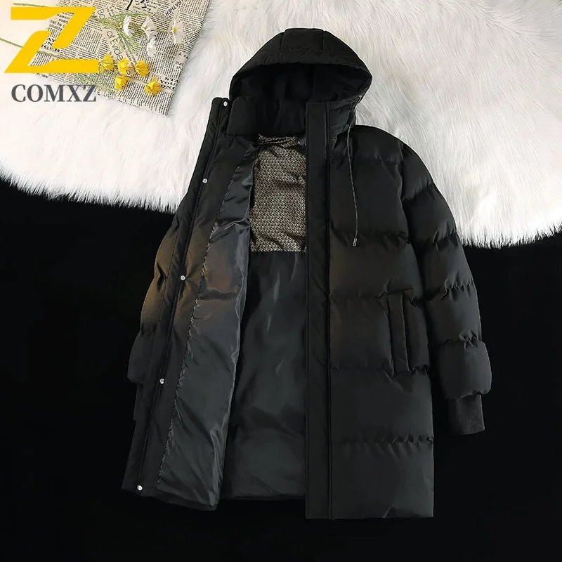 COMXZ Padding Coat Mid-Length Solid Color Hood Working Windproof Parka Loose Thickened Lightweight Autumn Winter Trench Coat
