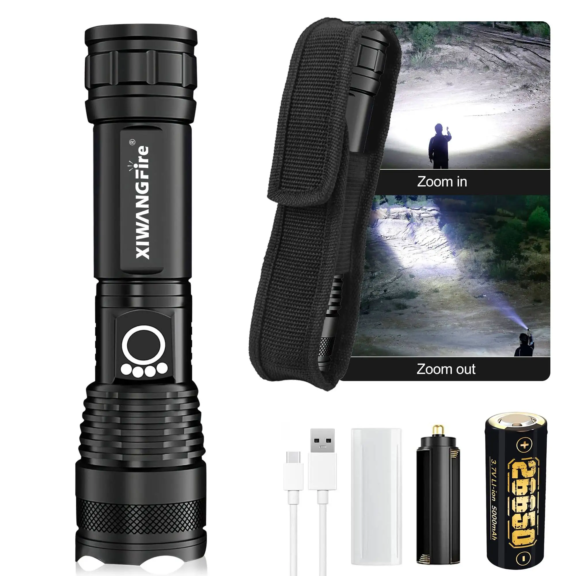 

Портативные перезаряжаемые сверхяркие светодиодные фонарики XHP50, 5 режимов освещения, телескопический зум дальнего действия, фонарик из алюминиевого сплава IP46