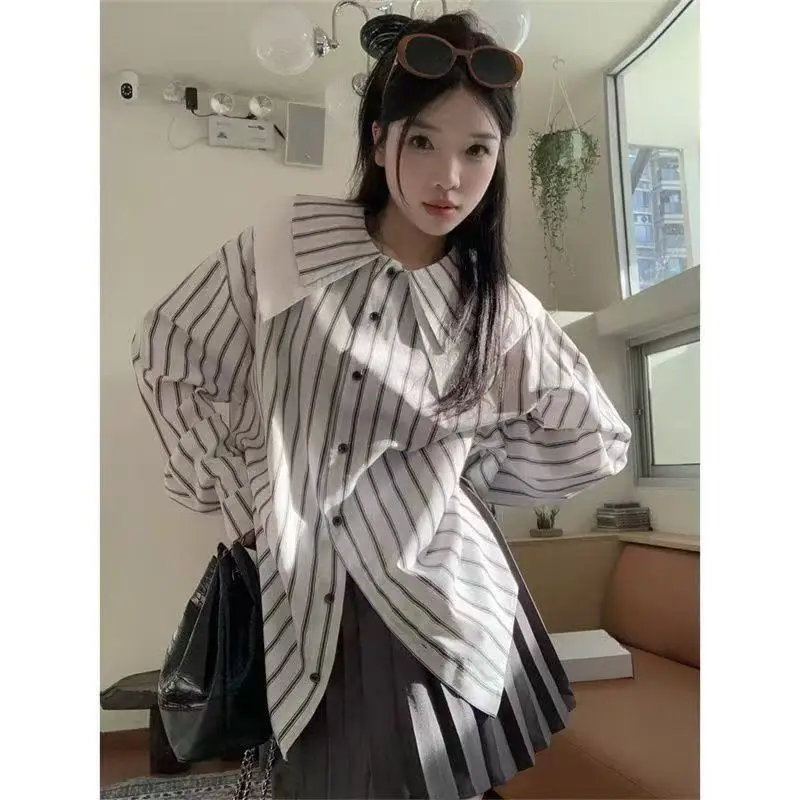 

French Striped Double Peter Pan Collar Loose Casual Shirts Women Spring Summer 2026 Long Sleeve Button Up Blouse Korean Tops New