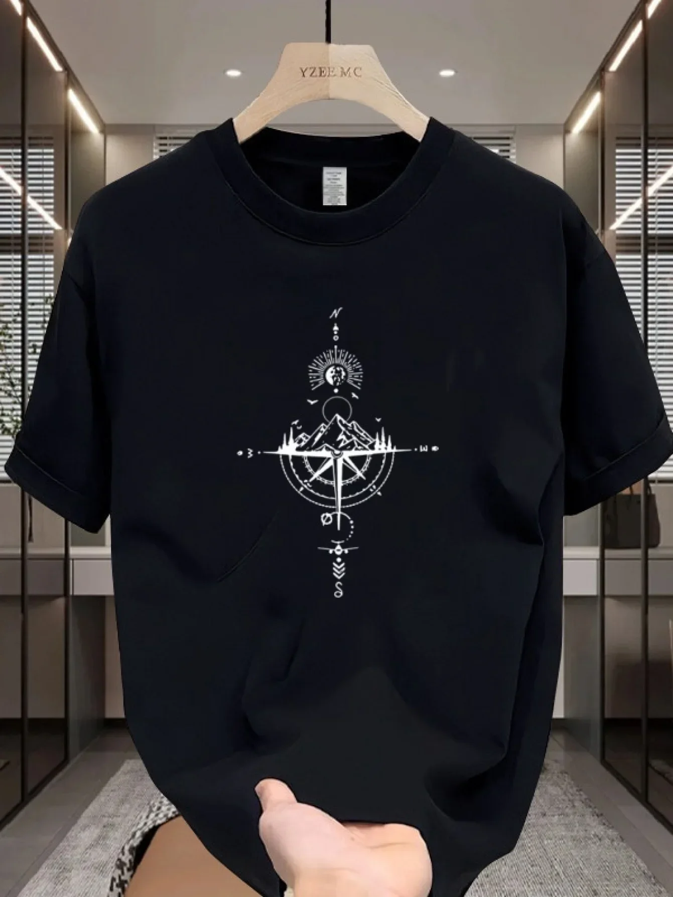 Men's summer 100% pure cotton fashionable casual loose sports compass map printed round neck short sleeved T-shirt top