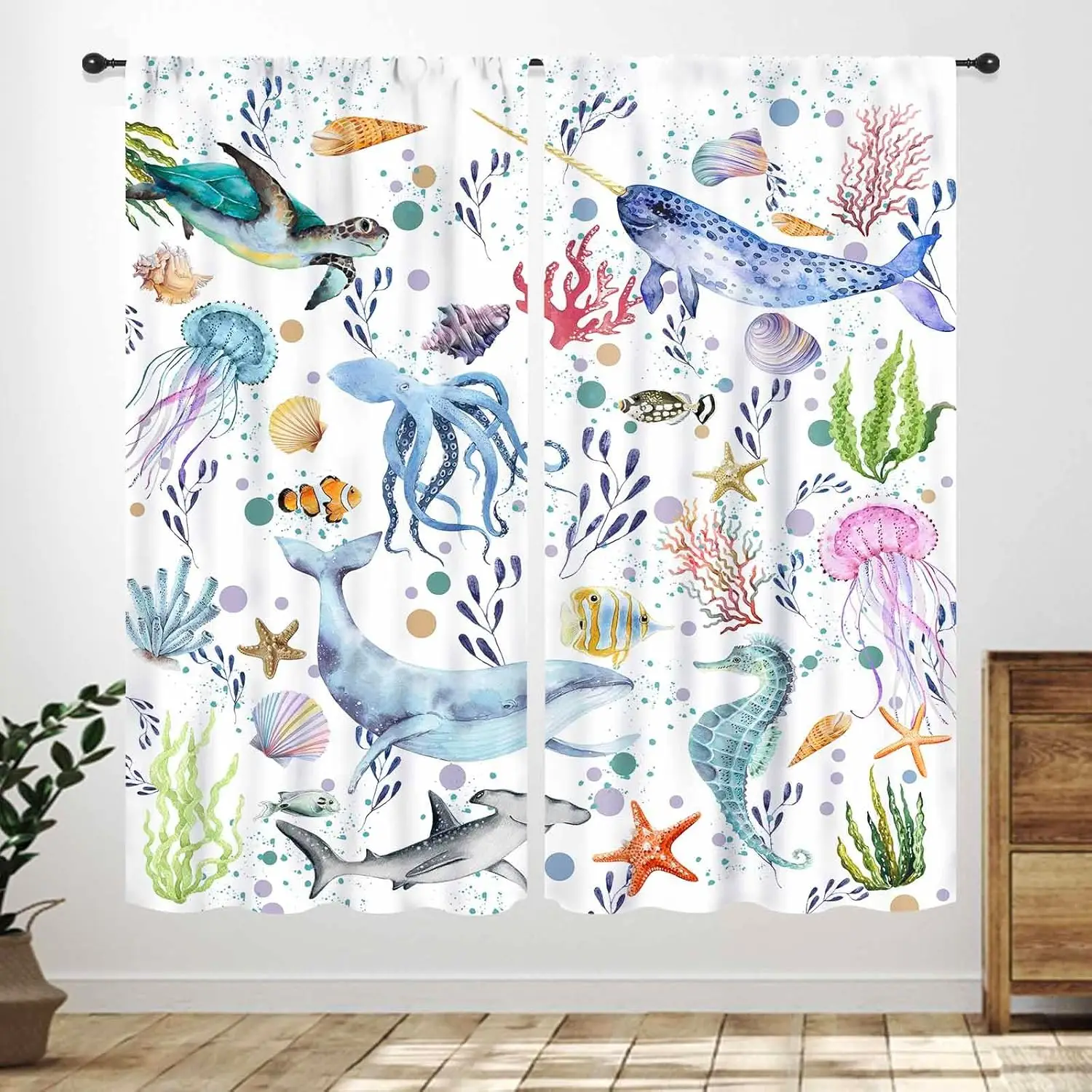 Kids Shark Curtains,Cartoon Sea Underwater Ocean Whale Turtle Seaweed Blue Funny Marine Animal Kids Toddler Bedroom Living Room