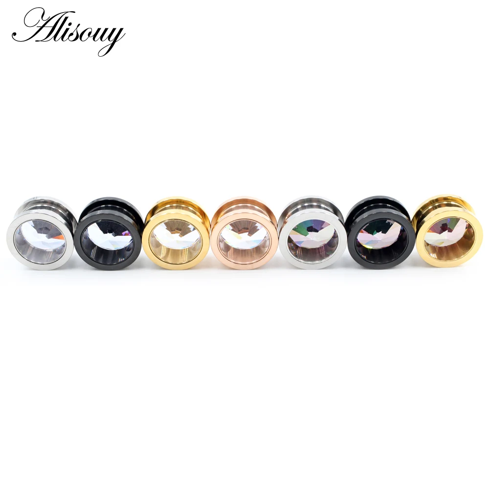 Alisouy 2PC Double Flared Ear Plug Tunnel Stainless Steel Screw Back Colorful Zirconia Earrings Gauges Expander Piercing Jewelry