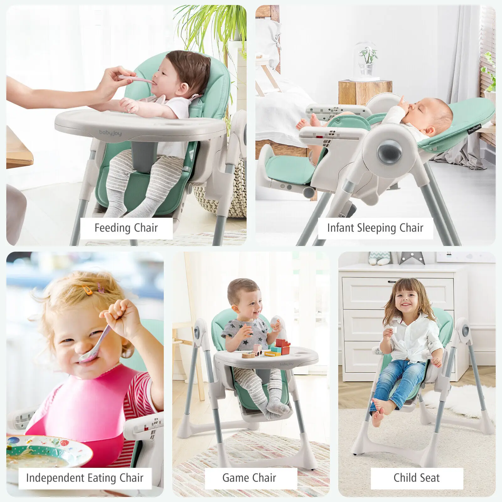 Babyjoy-silla alta plegable para bebé, comedor con altura ajustable y reposapiés, color verde