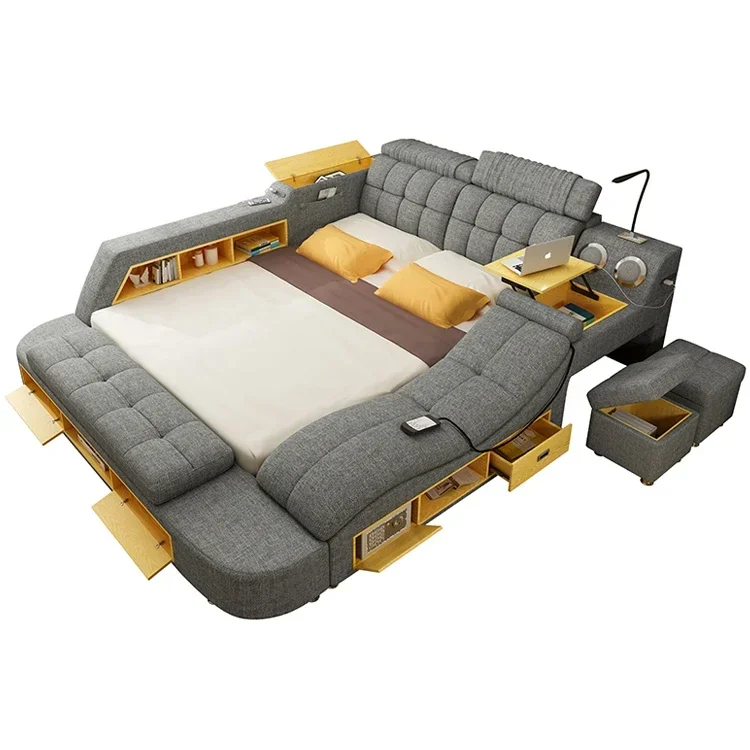 Modern Luxurious Multi-functional Smart Leather Bed With Massage Drawer Safe Double King Size Bunk Bed