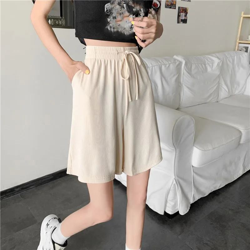 Women's Wide Leg Knee Length Shorts Female Casual Ice Silk Loose Short Pants Girls High Waist Elastic Shorts Streetwear Clothes