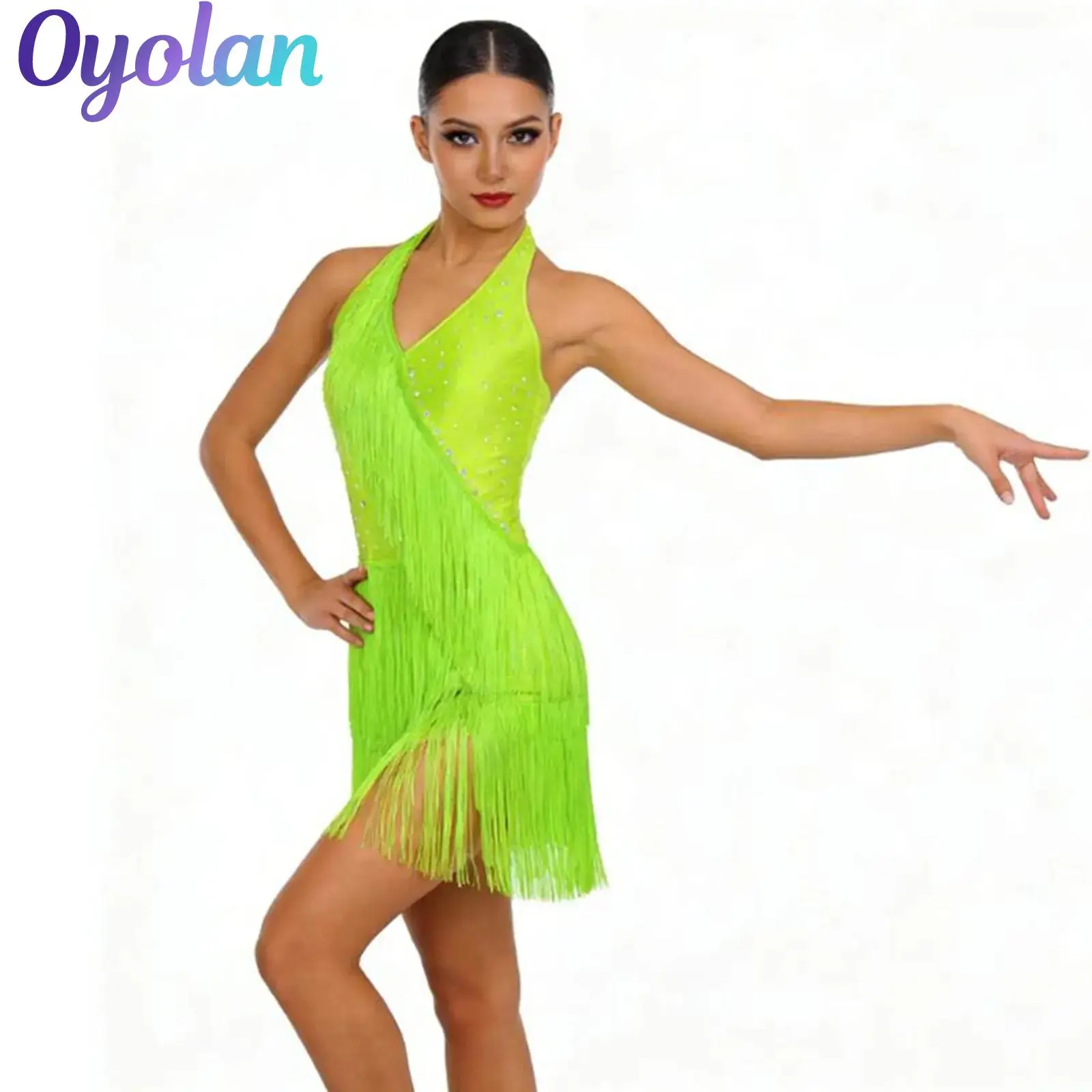 

Women Latin Tango Salsa Jazz Dance Leotard Jumpsuit Performance Costume Halter Neck Spark Rhinestones Fringed Dance Bodysuit