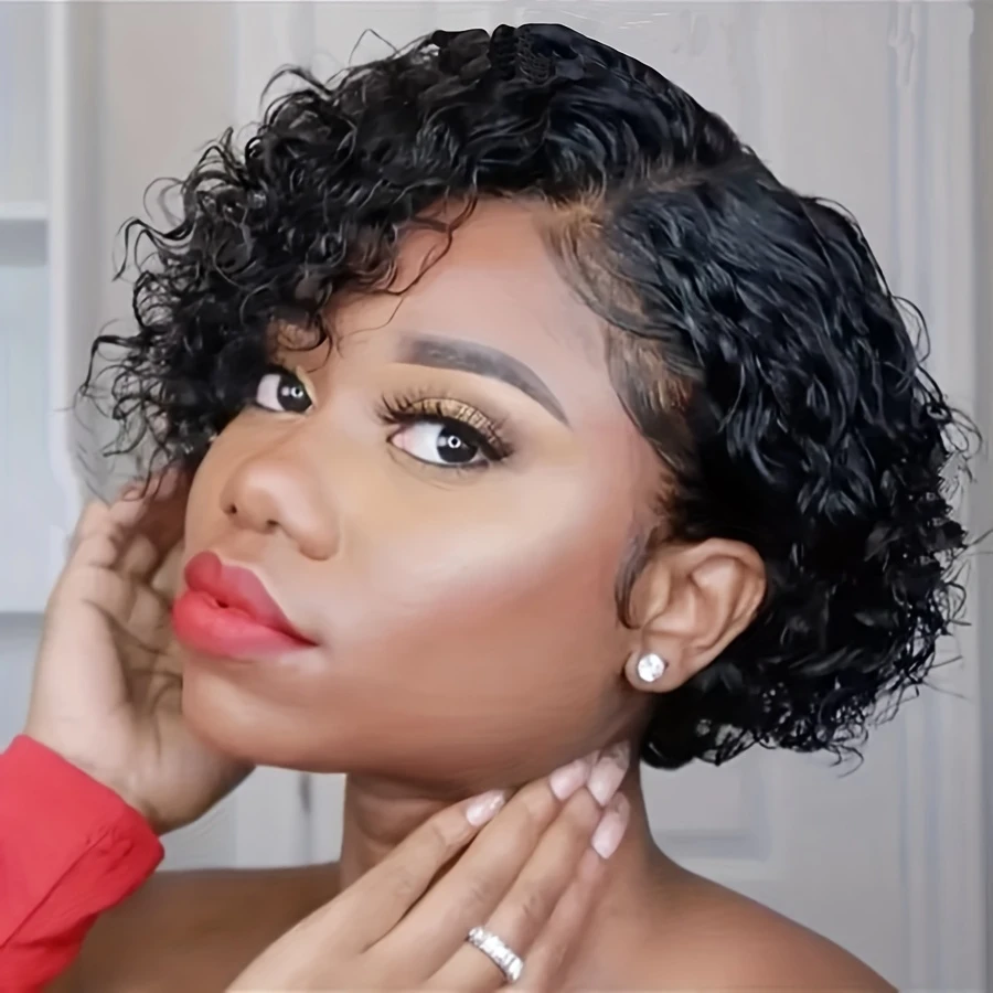 ディープウェーブカーリーウェーブピクシーカットウィッグ 女性用 13x1 Tパートレースフロント人毛ウィッグ 女性用 生え際加工済み ジェリーカール人毛