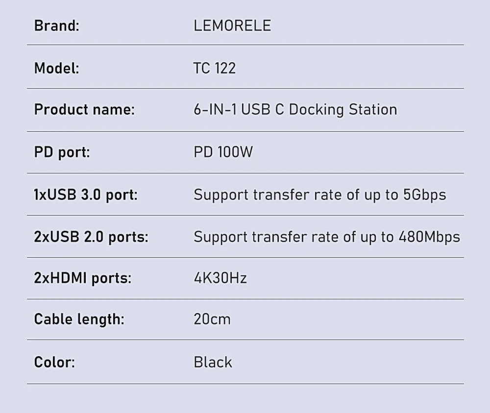 Lemorele TC122 6-in-1 USB-C-Hub 4K Dockingstation mit PD 100W Anschluss USB 3.0 Dual HDMI Adapter für MacBook Windows PC Monitor – Detail 10