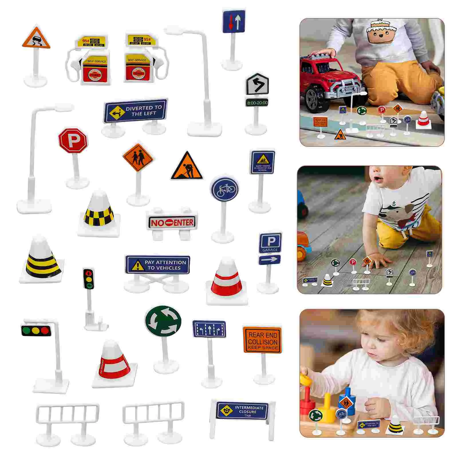 

28 Pcs Children's Traffic Signs Mini Cones Street Road Early Education Toys For Kids Model Cognition