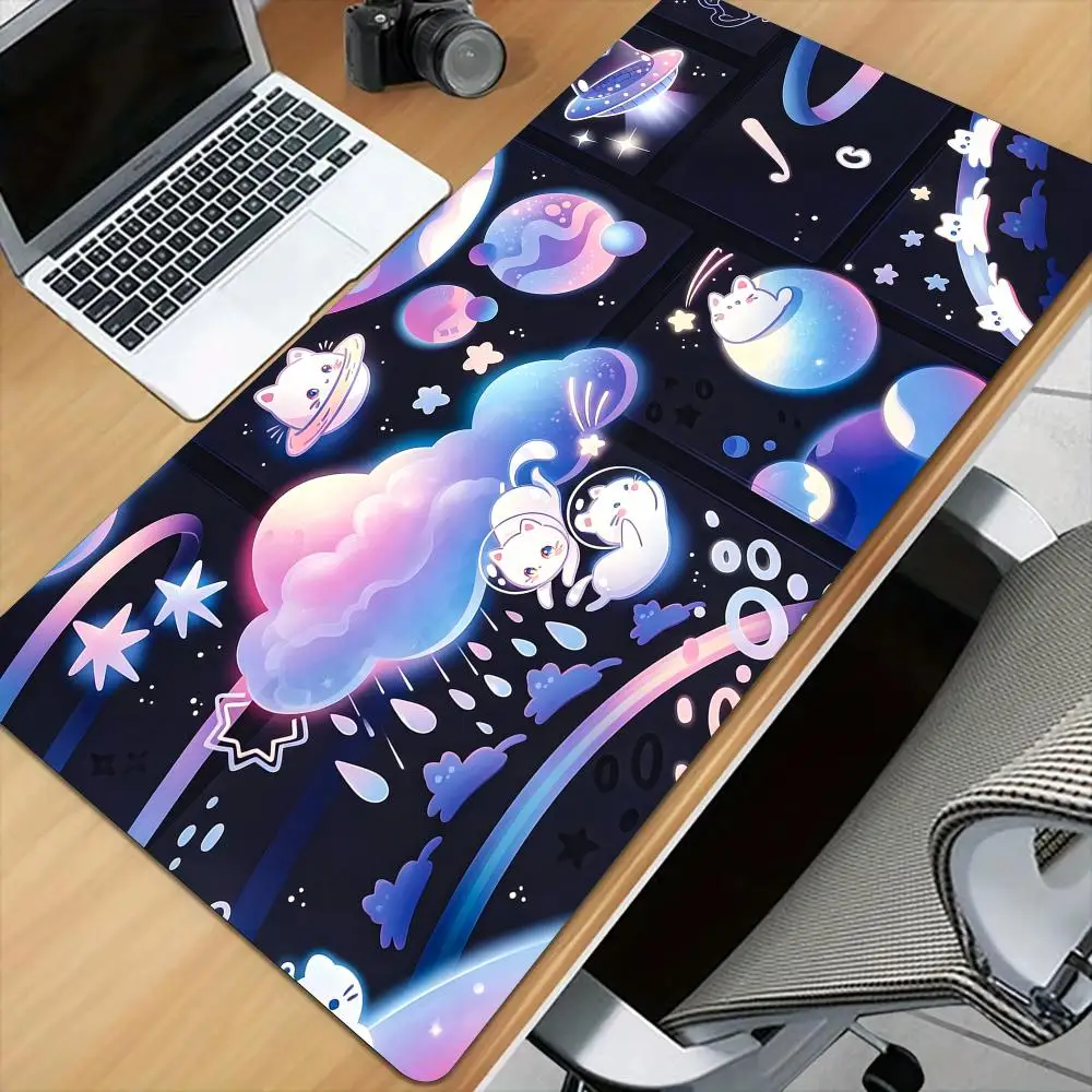 Cute Space Cat anime Mouse Pad Desk Mat with Stitched Edge XXL Mousepads Rubber Anti-slip Gamer Keyboard Rug Gaming Mats