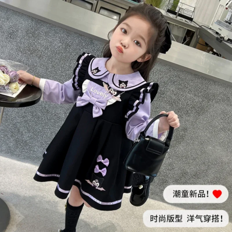 Sanrio Kulomi Cute Children's Casual Long Sleeve Cardigan Top Dress Cartoon Lapel Shirt Pullover Princess Dress Two-piece Set