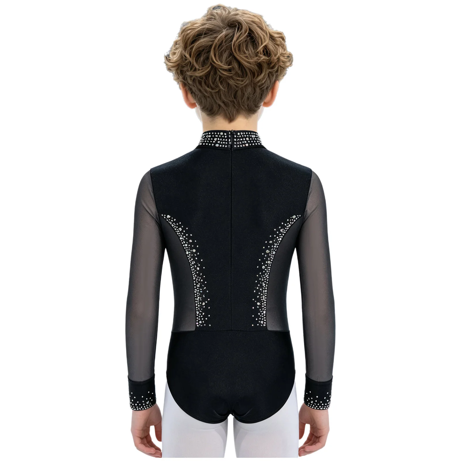 Kinder Jungen Strass-Bodysuit Jumpsuit Langarm Mesh-Bodysuit Gymnastik Ballett Trikot Eiskunstlauf Auftritts-Kostüm – Detail 10