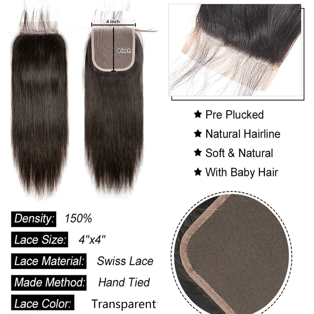 4x4 5x5 6x6 Lace Closure Straight Human Hair  Transparent 13x4 Lace Frontal Closure Straight Human Hair For Woman