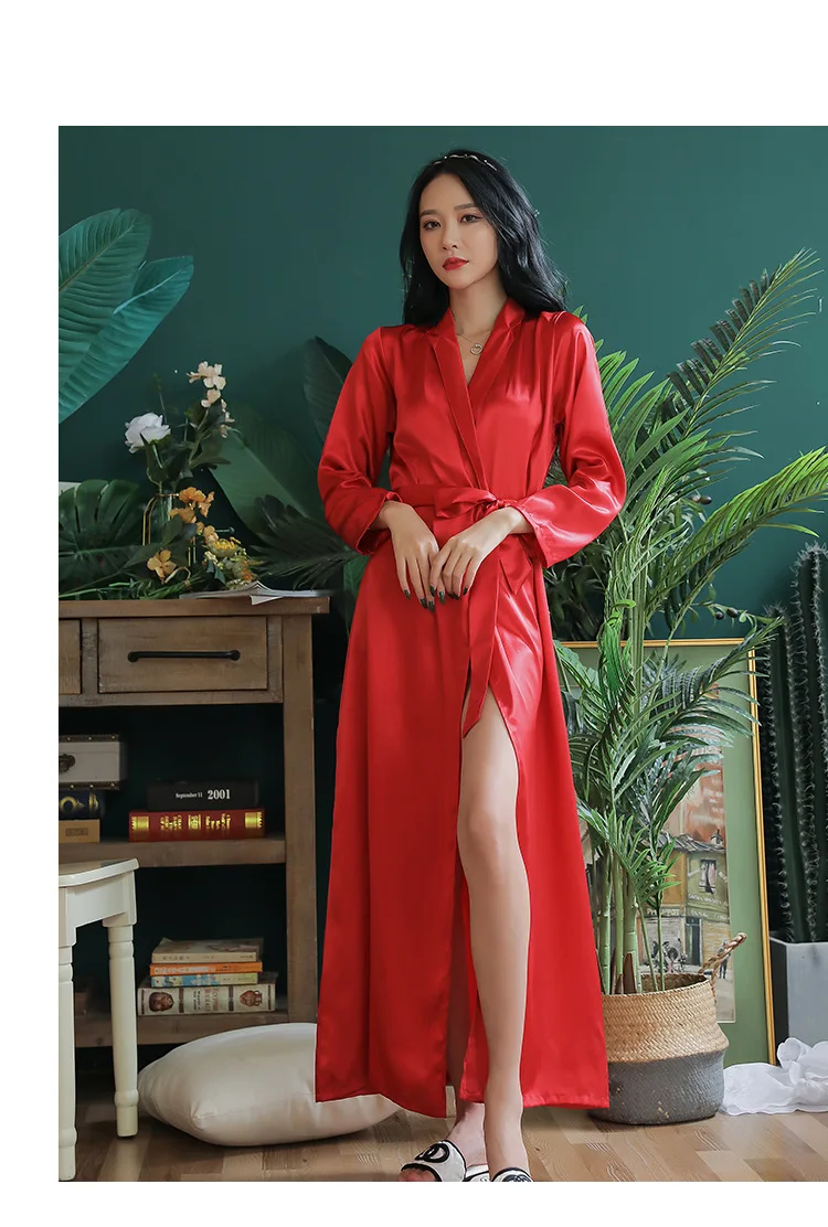 Female Home Dressing Gown Ultra Long Kimono Bathrobe Gown Solid Satin Homewear Women Sexy Sleepwear Bath Gown Loungewear