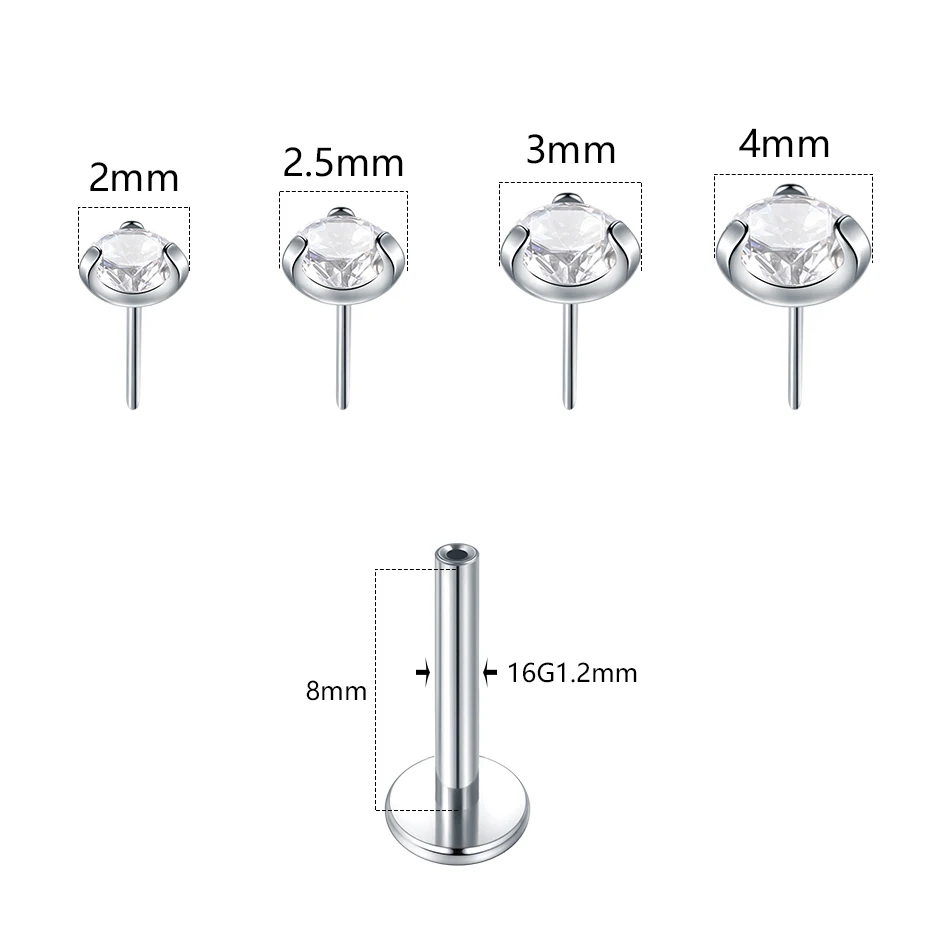 1/5PCS Titanium 2/2.5/3/4mm CZ Threadless Labret Stud 16G Push Pin Cartilage Tragus Helix Conch Earlobe Earring Piercing Jewelry