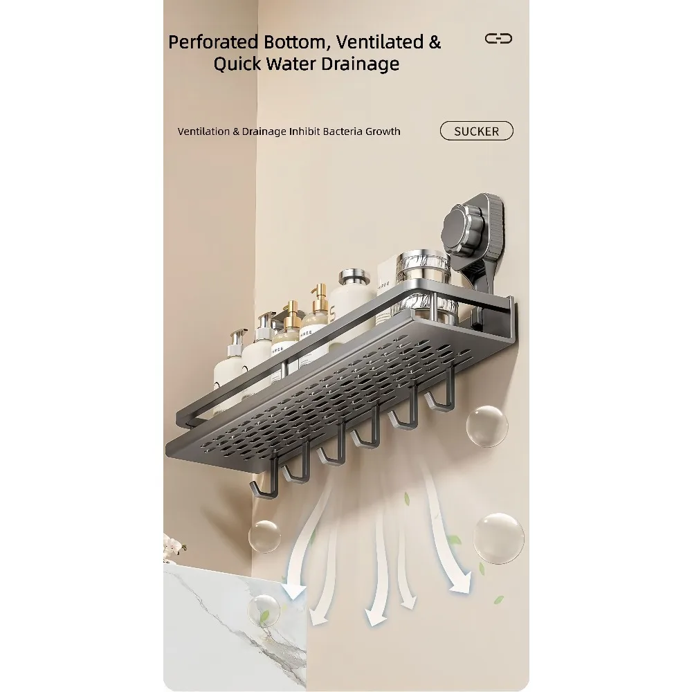Drill-Free Suction Kitchen Storage Shelf, Carbon Steel Wall Mount Spice Rack with Hooks, Space Saving Countertop Organizer
