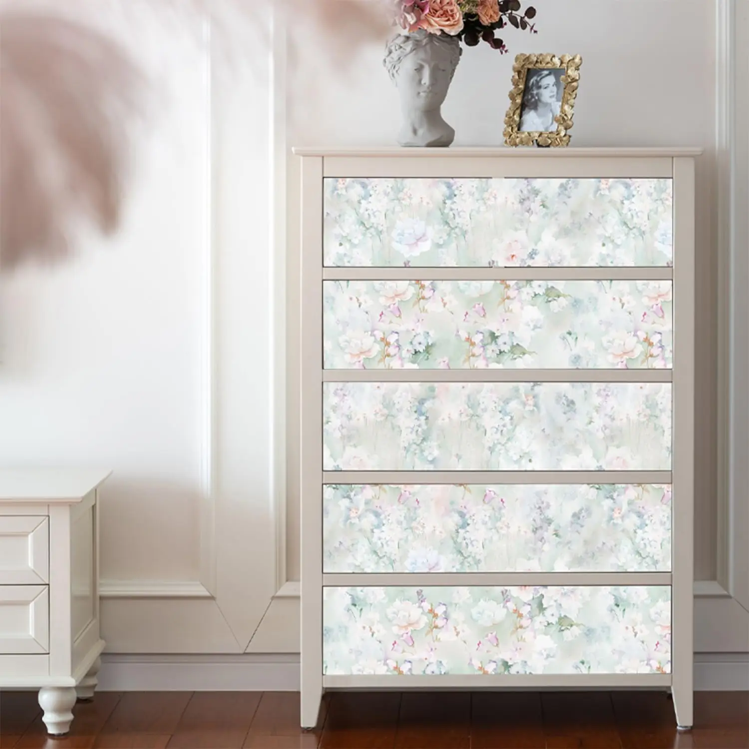Boho Floral Peel and Stick Wallpaper Removable Contact Paper Vintage Flower  Light Green Self Adhesive Wall Paper for Cabinets
