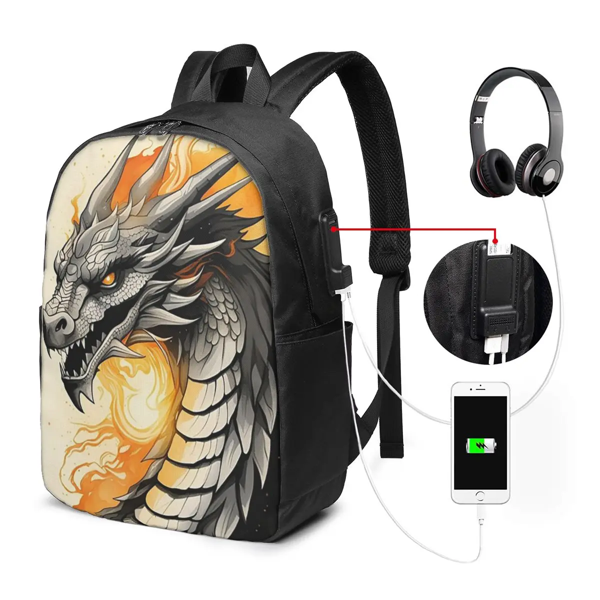 Flame Black Dragon Print Backpack Travel Notebook Bag Computer College Student School Bag Laptop Shoulder Bags for Men Women