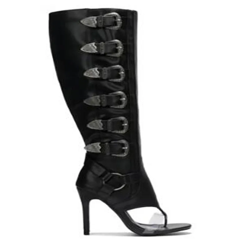 Femmes chaudes noir rouge blanc cuir boucles en métal Clip orteil clair PVC talon aiguille genou sandales hautes bottes à talons hauts bottes longues