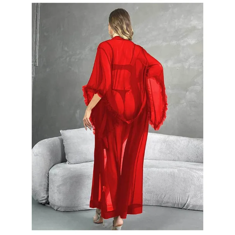 Sexy Mesh Long Robe Elegant Mesh Long Sleeved Nightgown with Knot Cuffs Sheer Loose-Fit Loungewear for Women