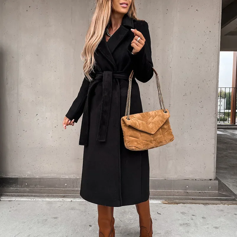 Women Chic Wool Blends With Belt 2021 Solid Long Sleeve Adjustable Waist X-Long Coats Outerwear Turn Down Collar Elegant Coats