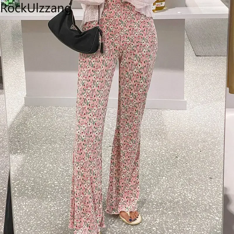 Elastic Waist Boho Plaid Flower Pleated Long Pant Wide Straight Leg Trouser Casual korean women elegant trouser y2k cloth summer