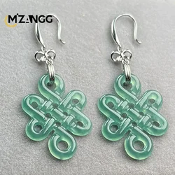 Authentic Natural Jadeite China Knot Earrings S925 Silver Inlaid Exquisite Luxury Women's Ear Thread Fashion Party Holiday Gift