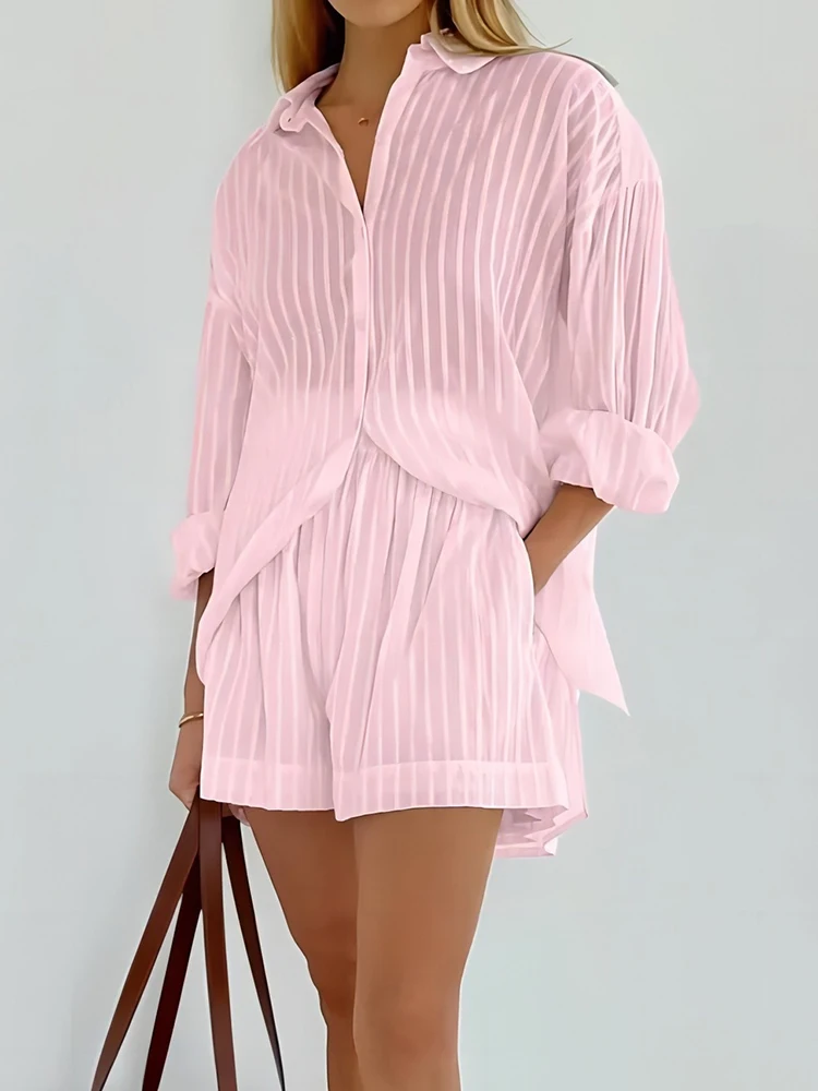 Shorts Sets 2 Pieces Women Striped Jacquard Shirt Elastic Waist Pant Thin Perspective Suit Loose Fit Summer Autumn Female Outfit