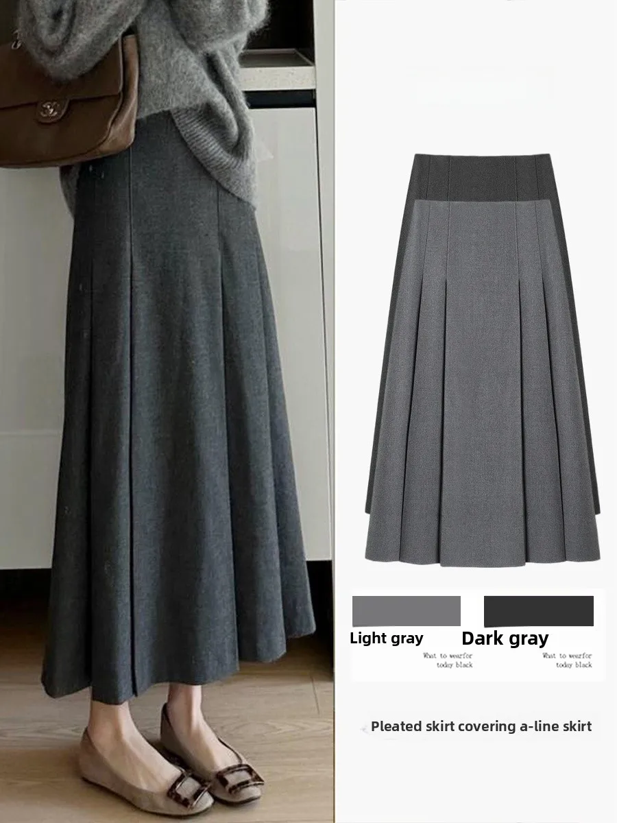 

High Waist Midi A-Line Skirt Women's Woolen Pleated Commuter Style Slimming Business Casual Polyester Fiber Skirt