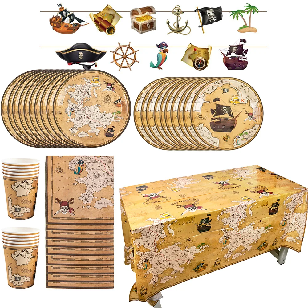 Pirate Treasure Hunt Theme Party Decoration Adventure Party Treasure Map Paper Plate Cup Napkin Tablecloth KIds Birthday Gift