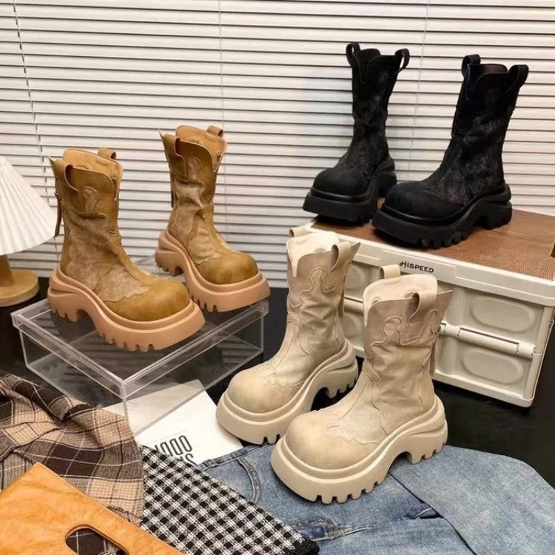 

Original Designer New Jeans Stitching Work Boots Motorcycle Boots Increased Ankle Boots for Women Hot Selling