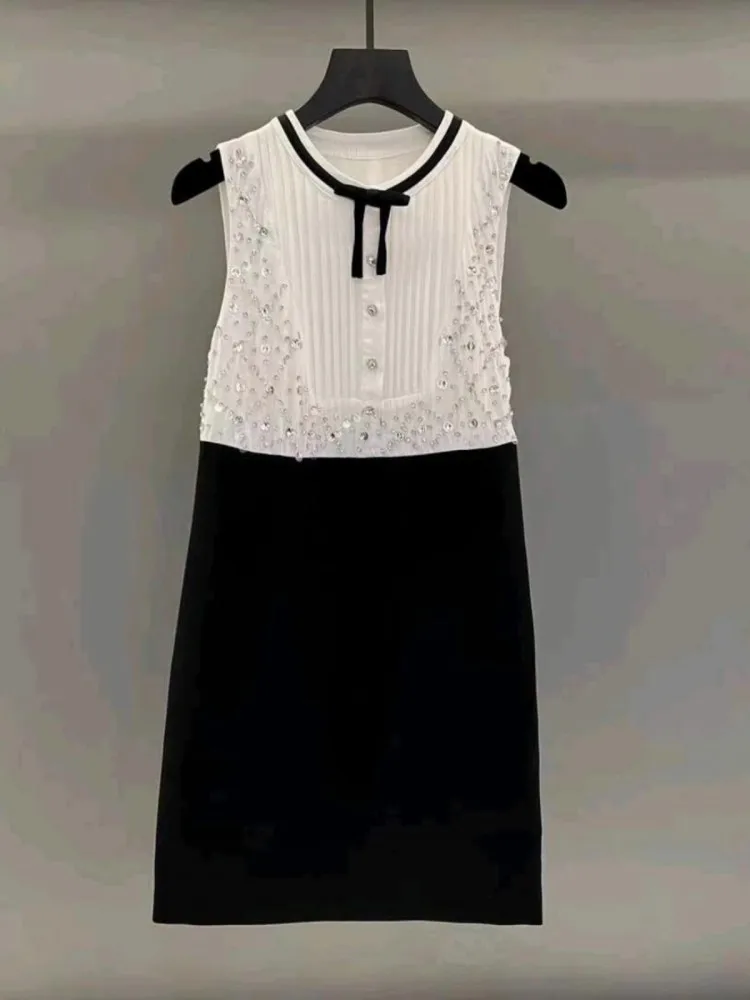 Summer Women Shiny Sequined Beading Tank Dress Spliced Bowknot Elegant Sleeveless Sundress Birthday Party Slim Fit Mini Dress