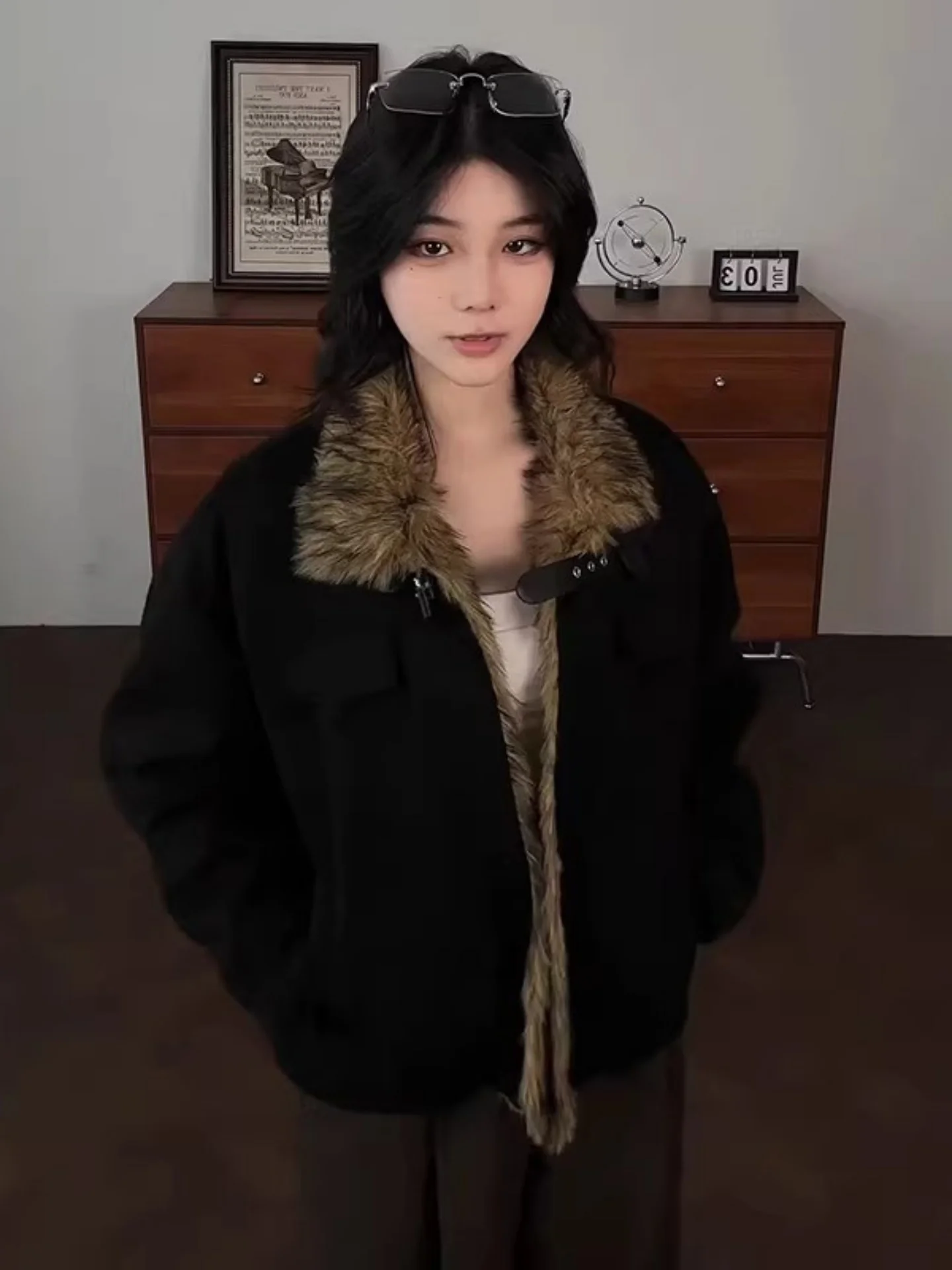 

American Retro Thiened Cotton Jaet Men's Winter Warm Fur Collar Mountain Eagle Coat Youth Faion Loose Fit Long Sve