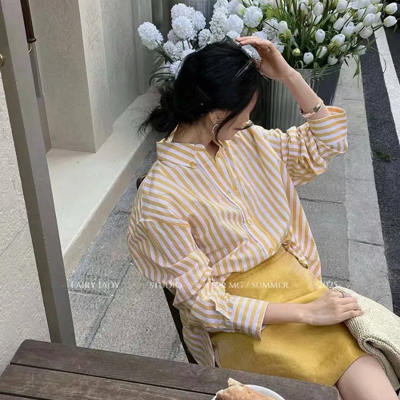 Women's Contrasting Colors Splicing Striped Printing Korean Trend Open Stitch Long Sleeve Orange One Size Long Sleeve T-Shirts