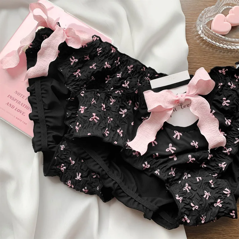 Women Milk Silk Bow Ruffle Fold Underwear Cute Lovely Sweety Panties Princess Style High Stretch Breathable Soft Breifs