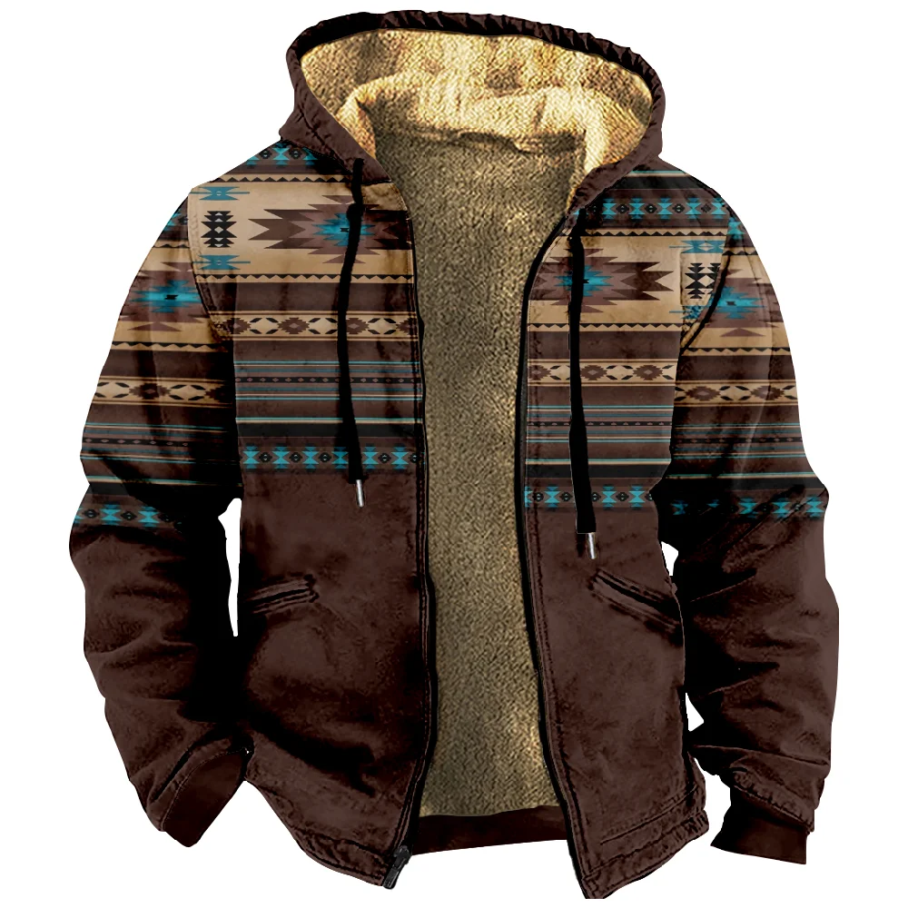 Men's Zipper Hoodies Fleece Long Sleeve Coat Jackets Aztec Tribal Graphics Casual Winter for Man Zip-Up Sweatshirts Outerwears