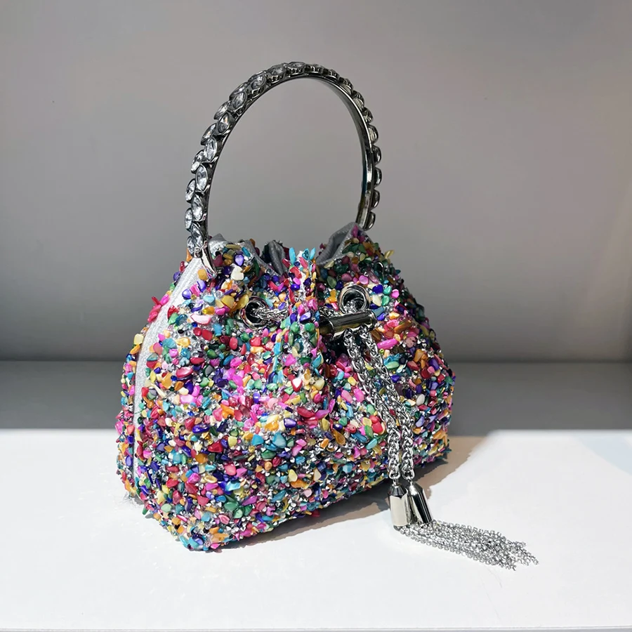 

Shiny Diamonds Evening Bag Metal Ring Handle Tassel Bucket Bag Women Panelled Handbag Wedding Party Clutch Purse Shoulder Bags