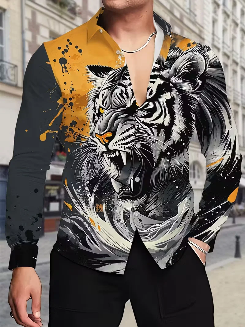 Herenoverhemd met lange mouwen en 3D dierenpatroon bedrukt overhemd, casual herentop met knopen, herentop, overhemd met lange mouwen