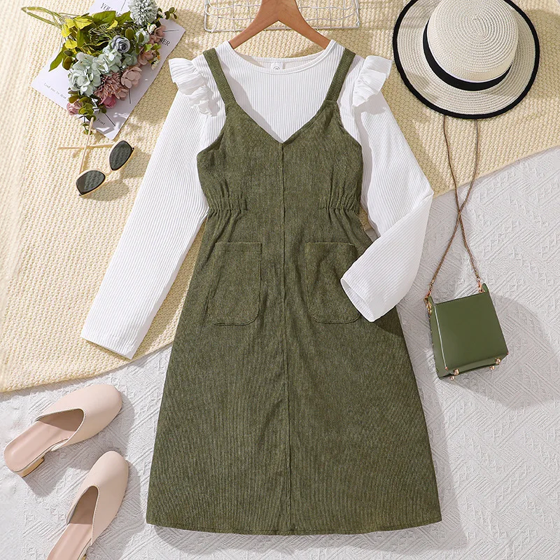 2024 Clothing Set Girls Long Sleeve Ruffles White T-shirt Corduroy Green Dress 2 Pcs Sets Casual Girls Clothes Set 8-12T