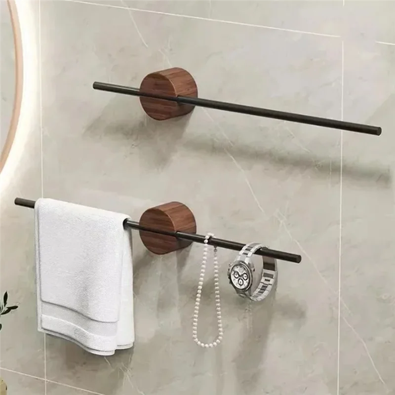Minimalistischer Handtuchhalter aus Walnussholz, Badezimmer-Handtuchhalter, verschiebbar, einpolig, ohne Loch, für Badezimmer, Massivholz-Halterung-ABXK