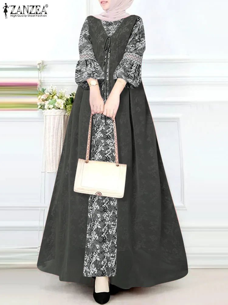 

ZANZEA Summer Fashion Printing Dress Casual Puff Sleeve Sundress Elegant Party Maxi Vestidos Female Elegant Lace-Up Dresses 2024