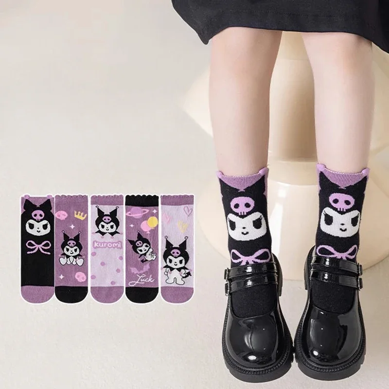 Cartoon Kuromi Spring Autumn Cotton Child Mid Tube Sock Comfortable Against The Skin Sweat Absorption Lace Childrens Purple Sock