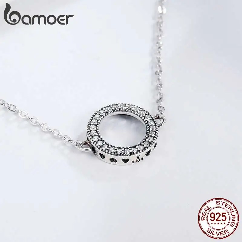 BAMOER 925 Sterling Silver Classic Zircon Hollow Circle Bracelet Hearts Strand Chain Link for Women Vintage Fine Jewelry SCB030