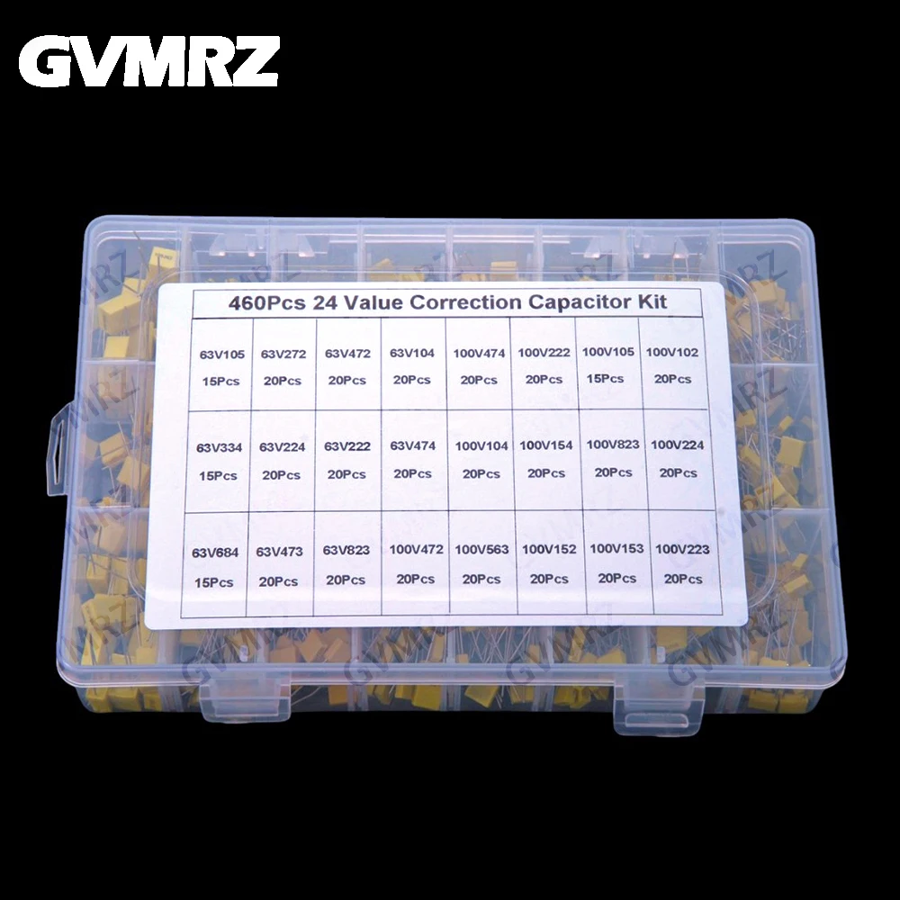 460個-100v-24種類x-補正コンデンサ詰め合わせキット-63v-100v-ポリプロピレン安全プラスチックフィルムコンデンサセット