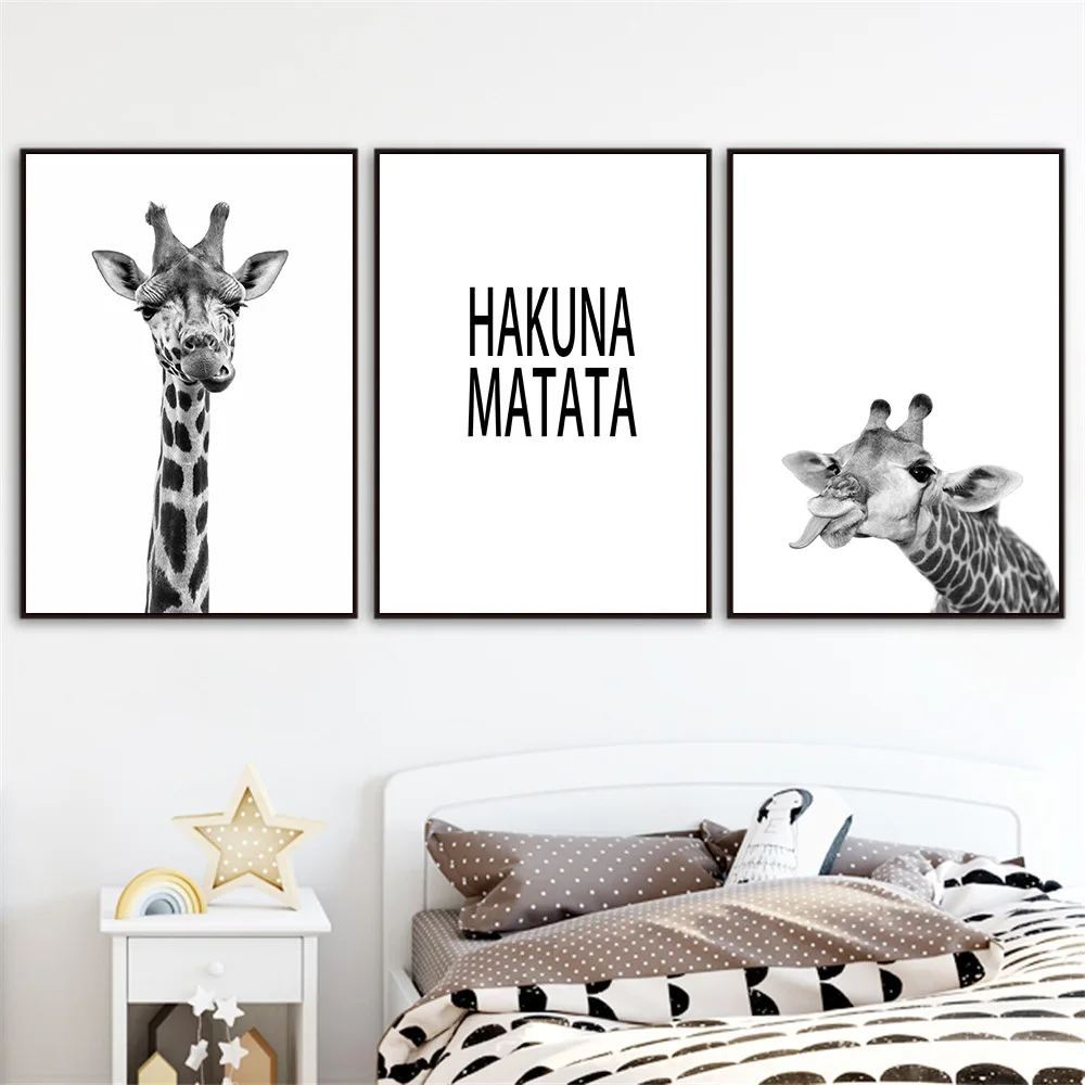 (No frame)Pintura en lienzo de jirafa en blanco y negro, carteles e impresiones, arte de pared para guardería, imágenes nórdi