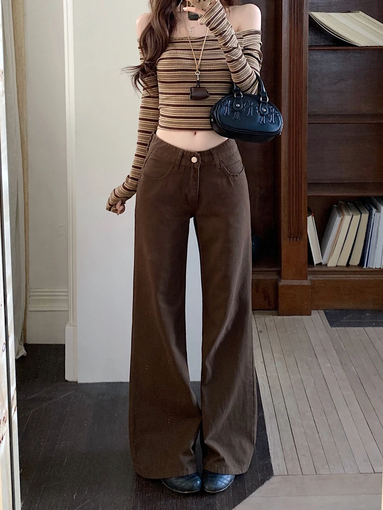 

Spring 2026 Casual Loose Wide Leg Jeans Women's Fashion Retro American Style Small Size Hot Pants Coffee Color Zipper Closure