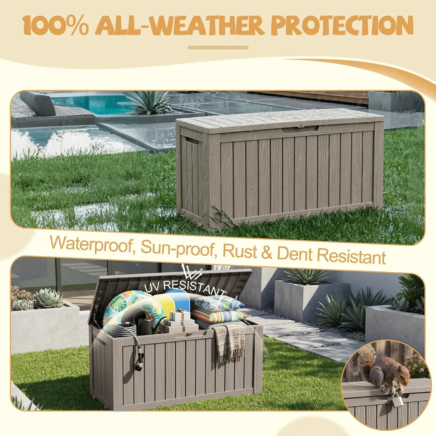 Outdoor Storage Box, 165 Gal Gen 2 Resin Deck Box w/ Gas Struts & Wheels