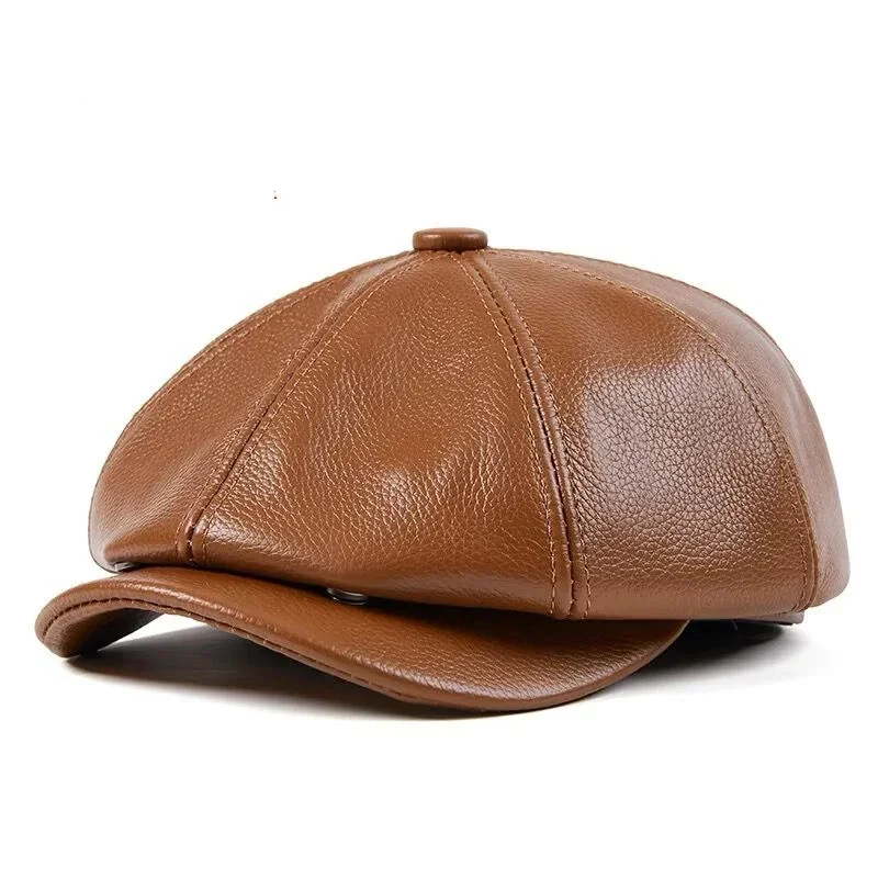 Retro New Genuine Leather Hat Cap Cowhide Beret Warm Cotton Men Padding Dark Brown/Black Duck Hat